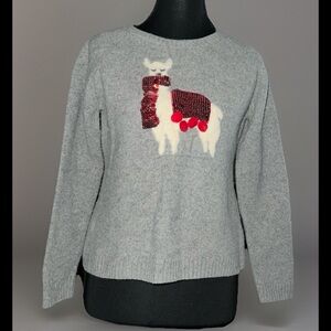 Artisan Ny 100% Merino Wool Gray Sweater with Festive Reindeer